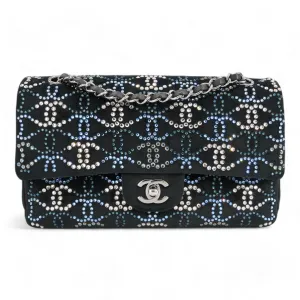 CC Strass Swarovski Crystal Black Velvet Medium Classic Double Flap Bag