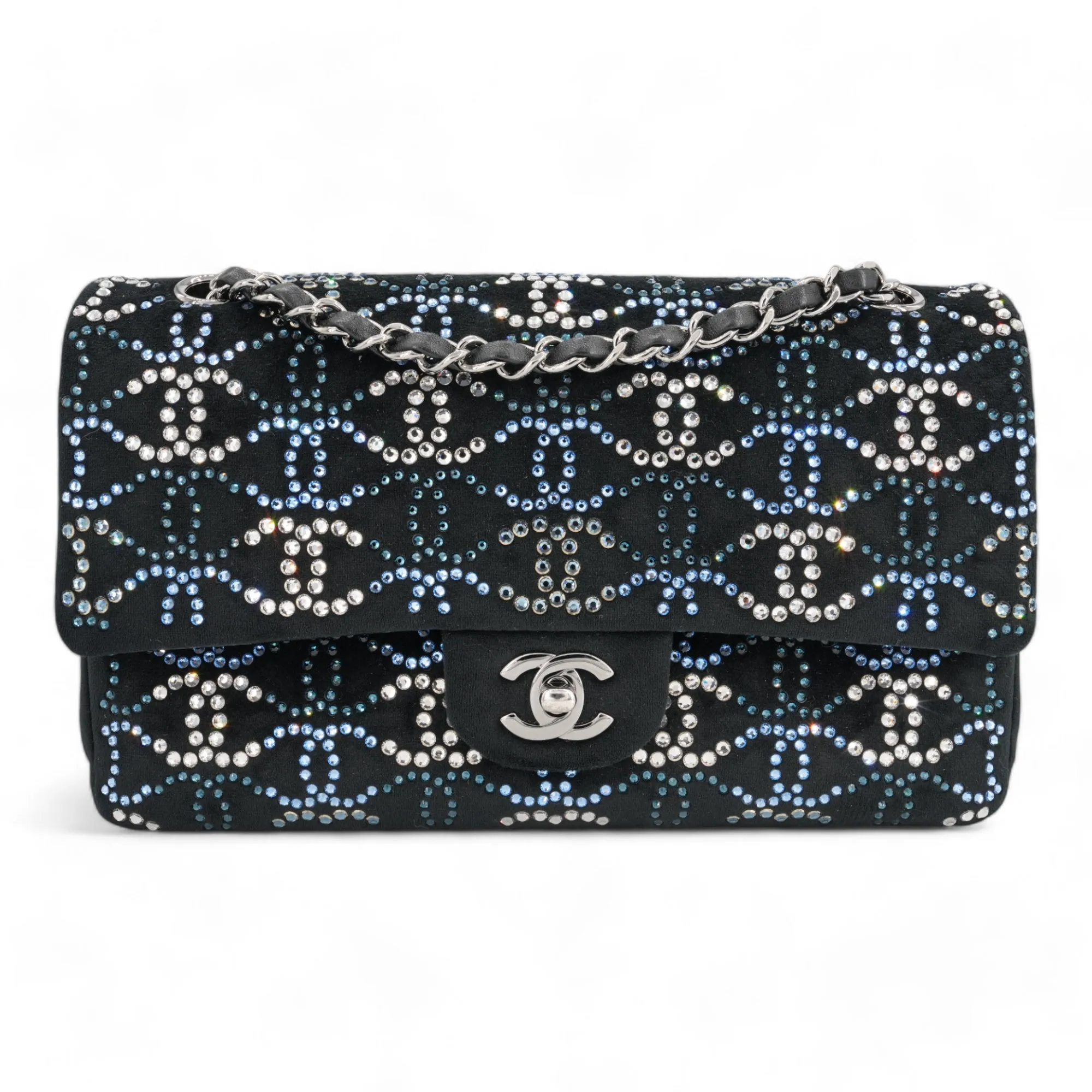 CC Strass Swarovski Crystal Black Velvet Medium Classic Double Flap Bag