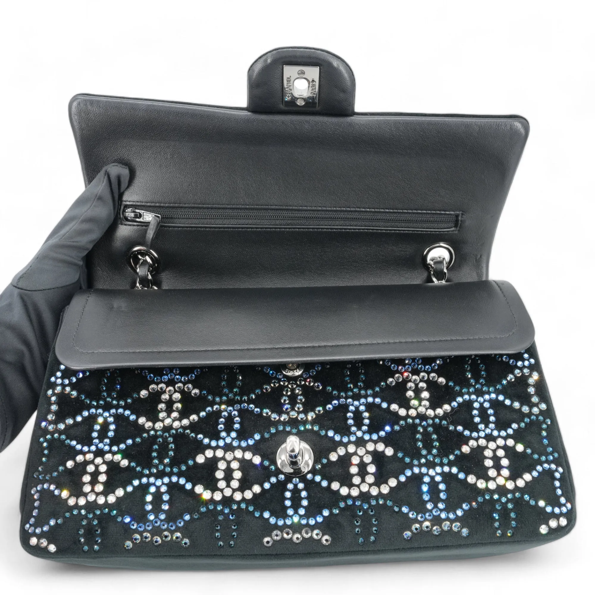 CC Strass Swarovski Crystal Black Velvet Medium Classic Double Flap Bag