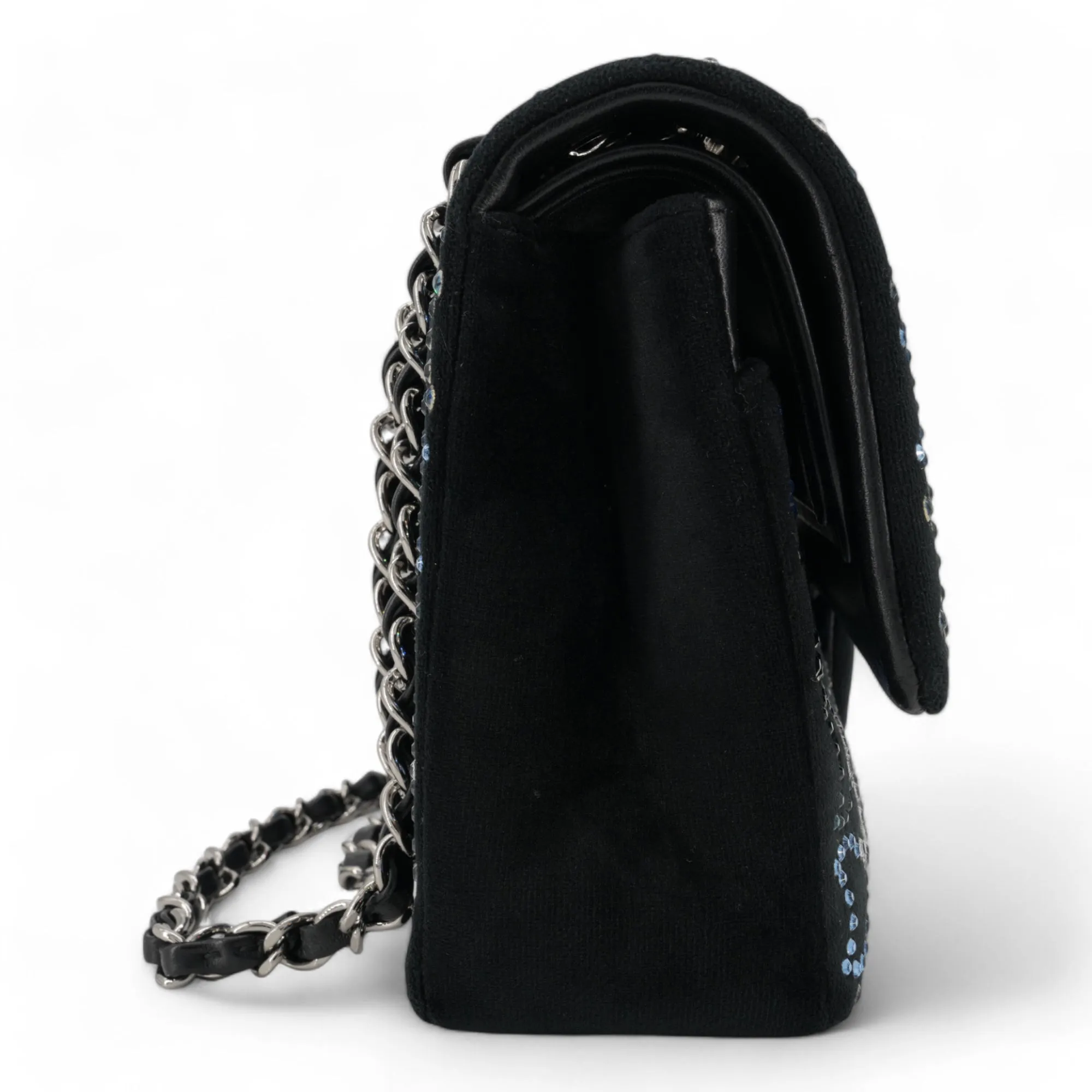 CC Strass Swarovski Crystal Black Velvet Medium Classic Double Flap Bag