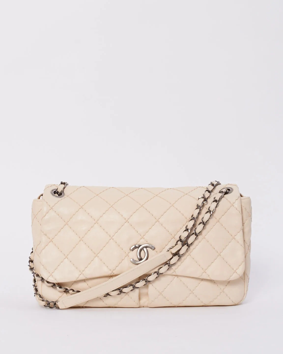 Chanel Beige Matelasse Leather with Aged Silver Hardware Flap Bag