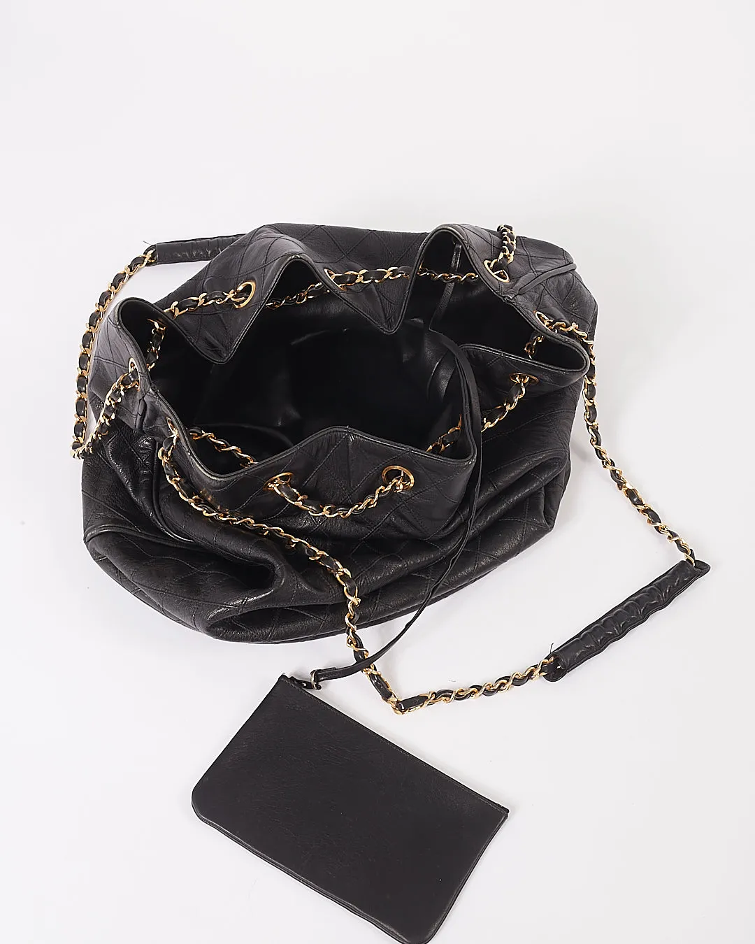 Chanel Black Crinkled Lambskin Vintage Bucket Chain Hobo Bag