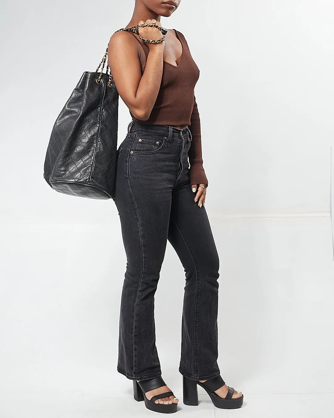 Chanel Black Crinkled Lambskin Vintage Bucket Chain Hobo Bag