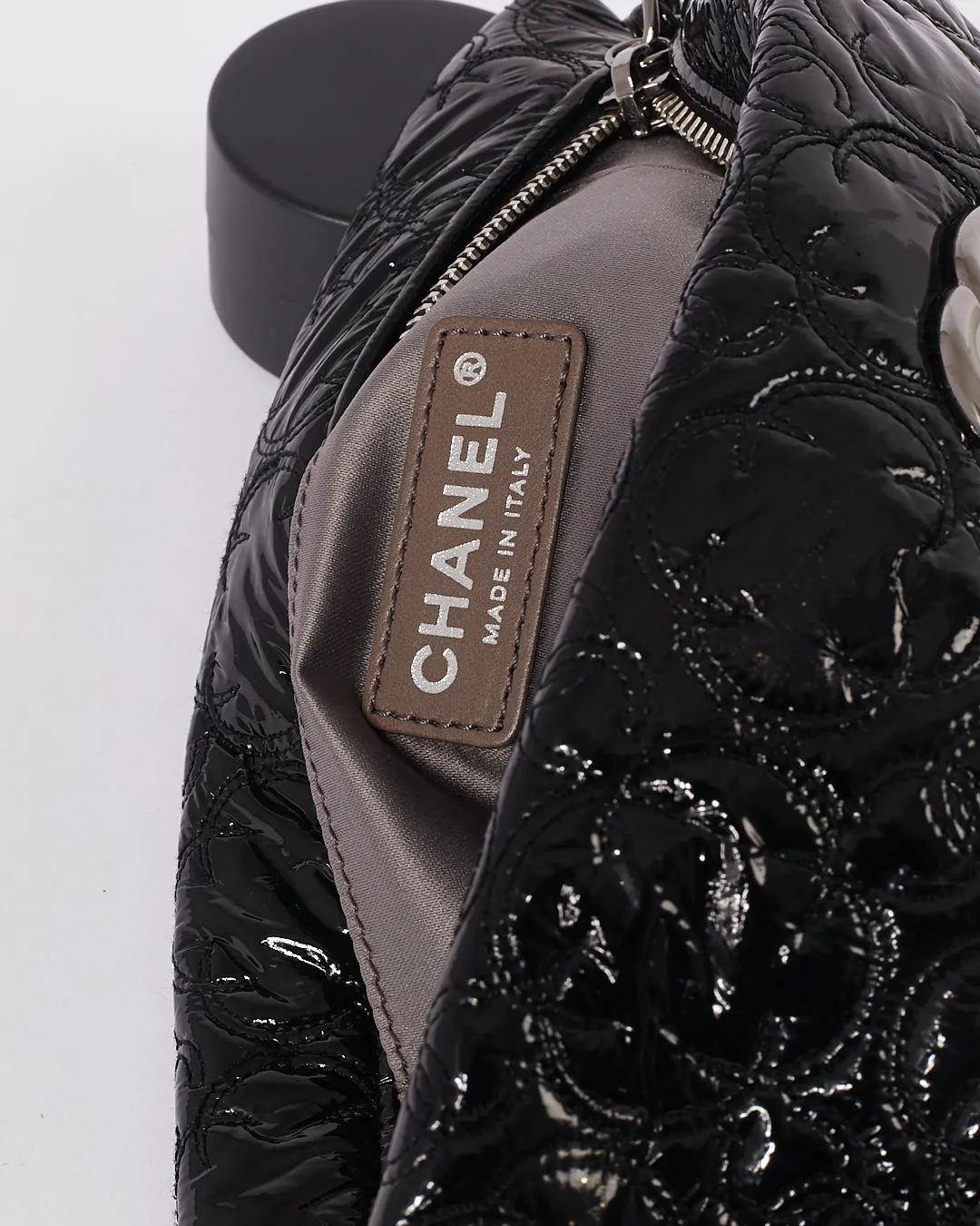 Chanel Black Patent Camellia Flower Pochette Chain Shoulder Bag