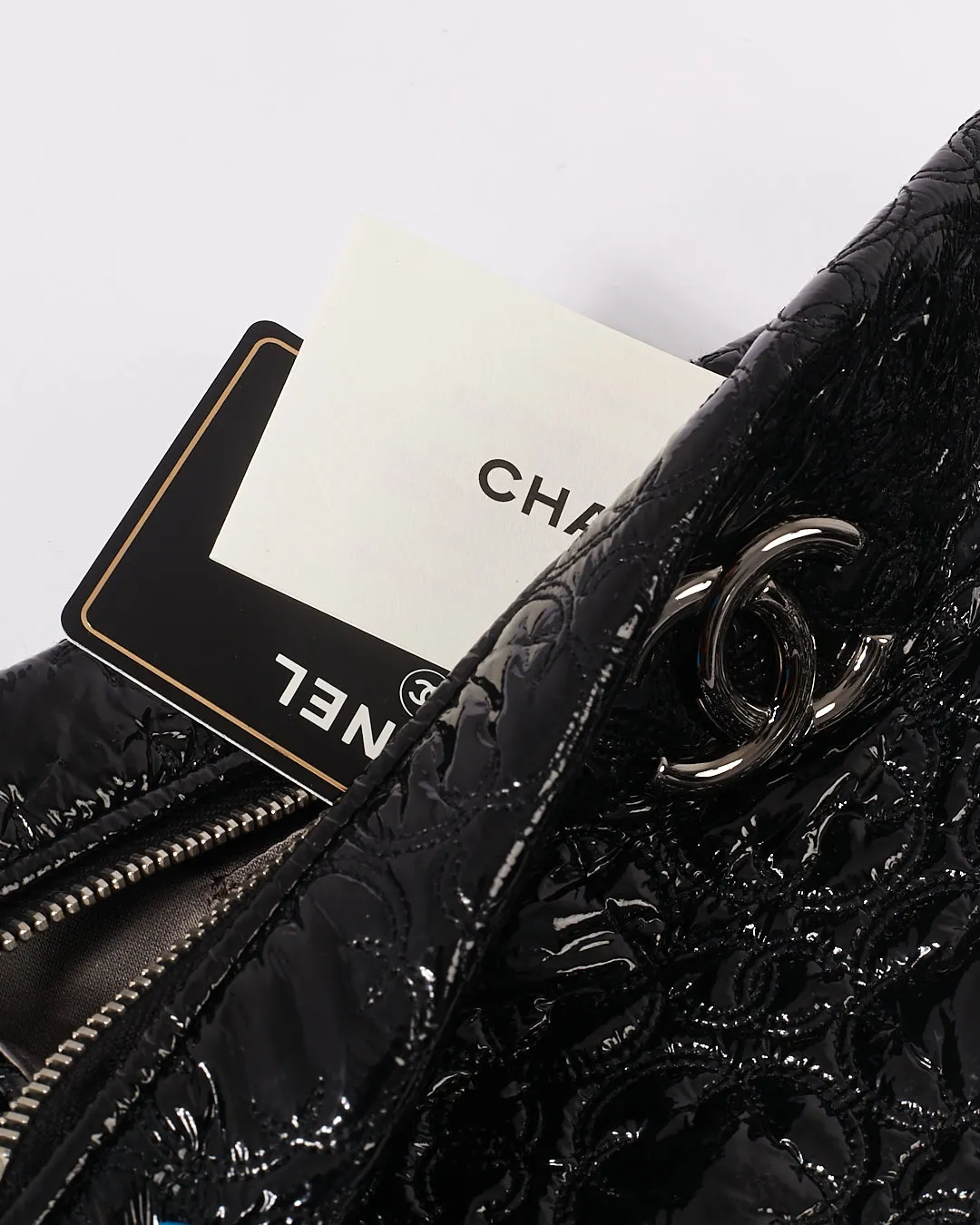 Chanel Black Patent Camellia Flower Pochette Chain Shoulder Bag