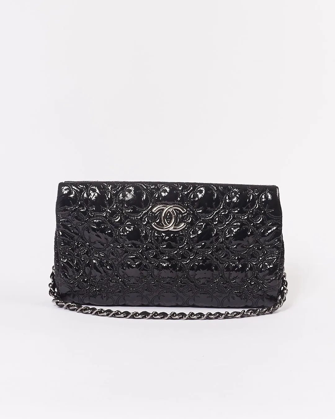 Chanel Black Patent Camellia Flower Pochette Chain Shoulder Bag