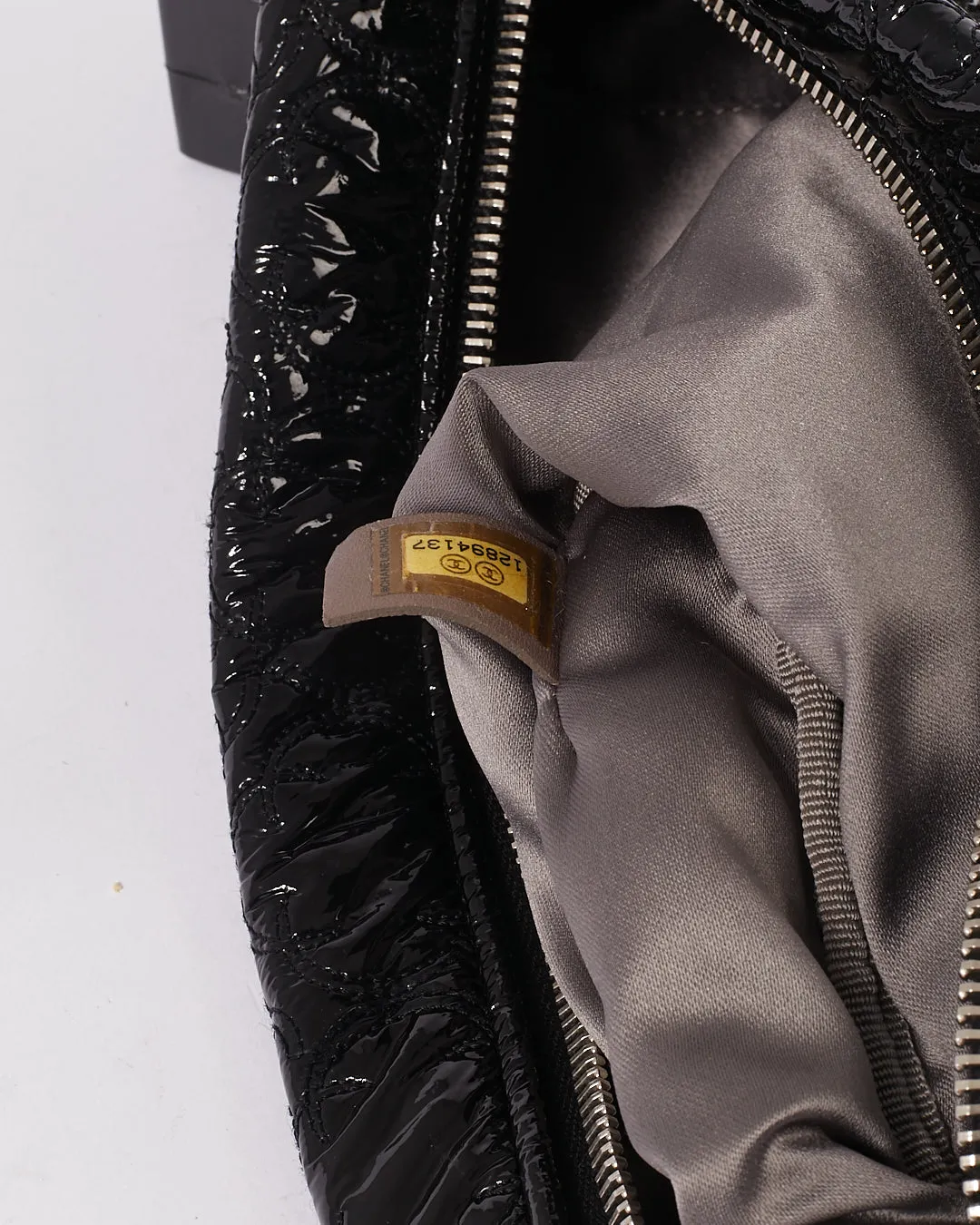 Chanel Black Patent Camellia Flower Pochette Chain Shoulder Bag