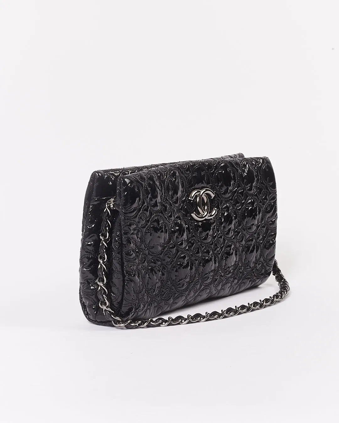 Chanel Black Patent Camellia Flower Pochette Chain Shoulder Bag