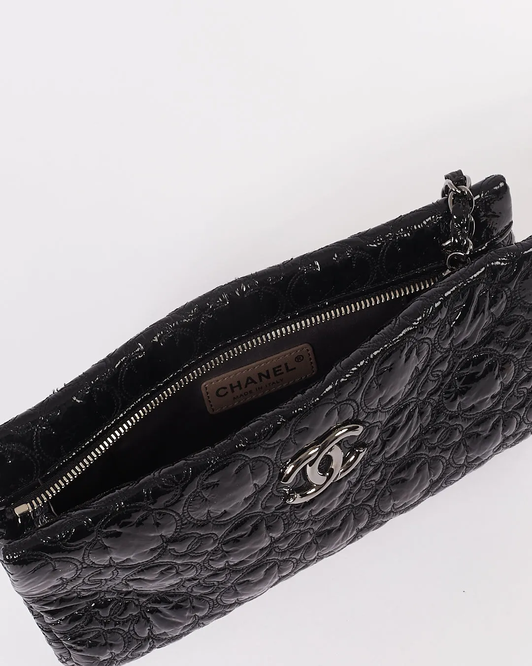 Chanel Black Patent Camellia Flower Pochette Chain Shoulder Bag