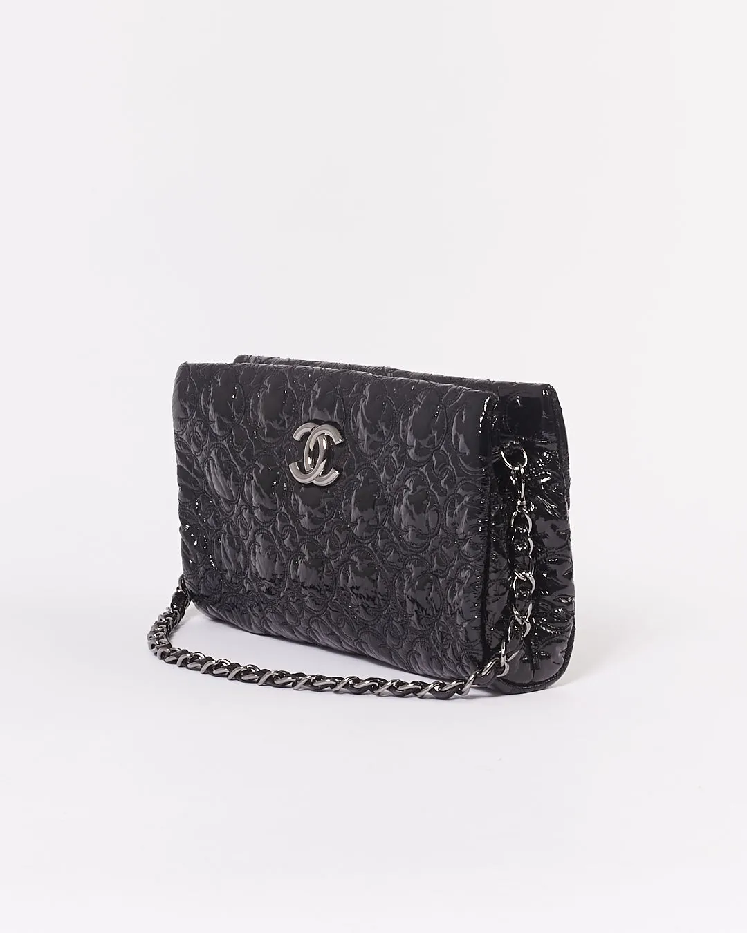 Chanel Black Patent Camellia Flower Pochette Chain Shoulder Bag