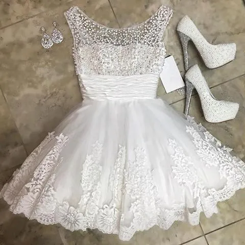 Charming Beaded Sheer Tulle Lace Appliques Homecoming Dresses Graduation Dress, MH411