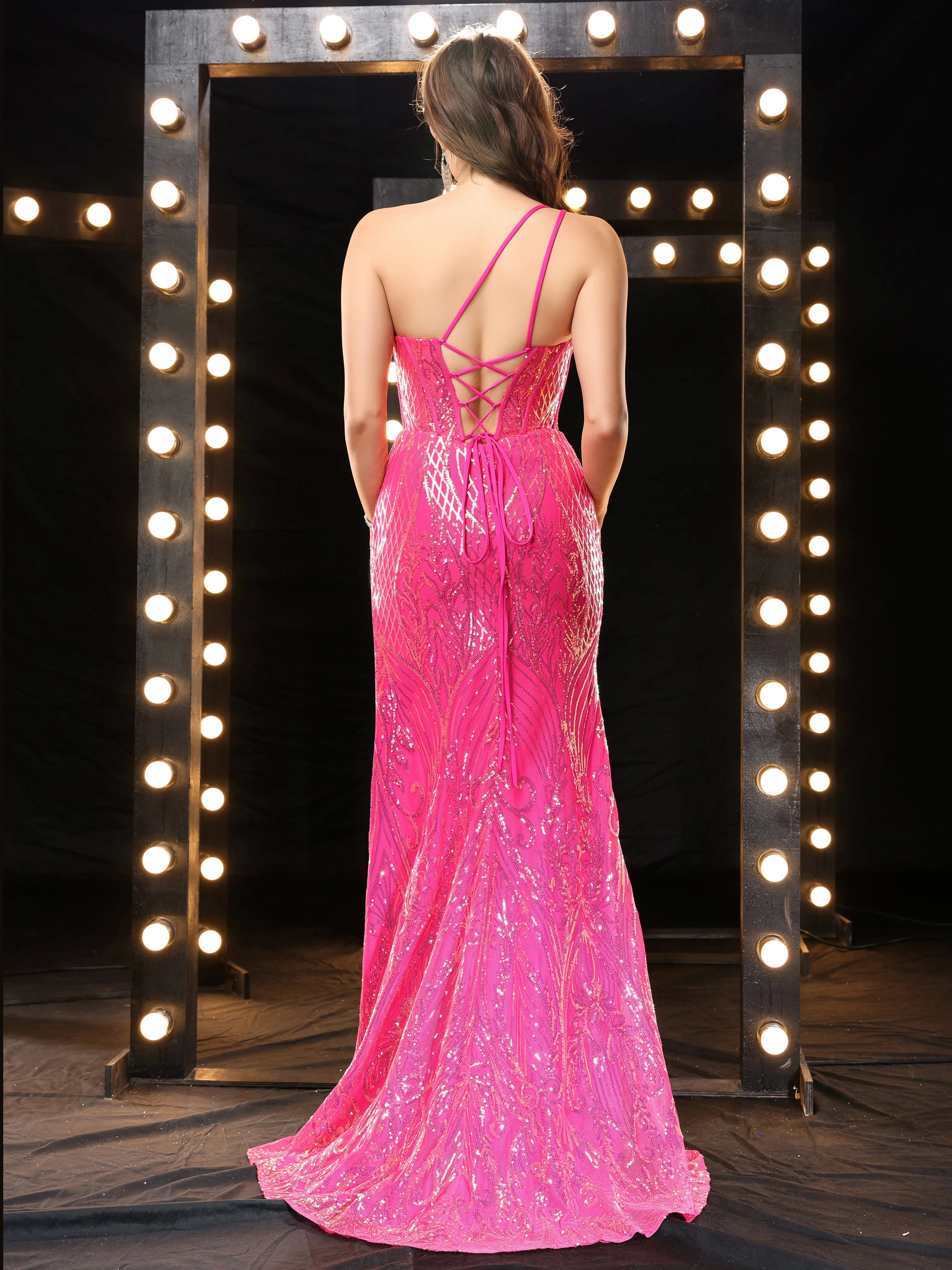 Charming One Shoulder Sequins Long Prom Dresses with Slit