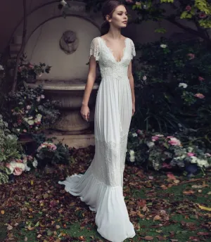 Charming Short Sleeves V-neck Open Back Long Lace Beach Wedding Dresses