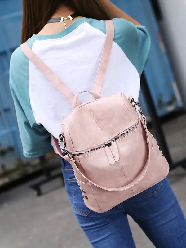 CM-BGS024332 Women Casual Seoul Style Zipper Front PU Backpack With Convertible Strap