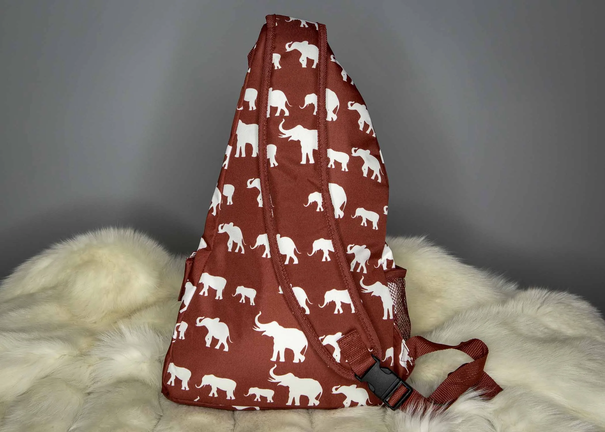 Crimson and White One Strap Sling Backpack Elephant Pattern