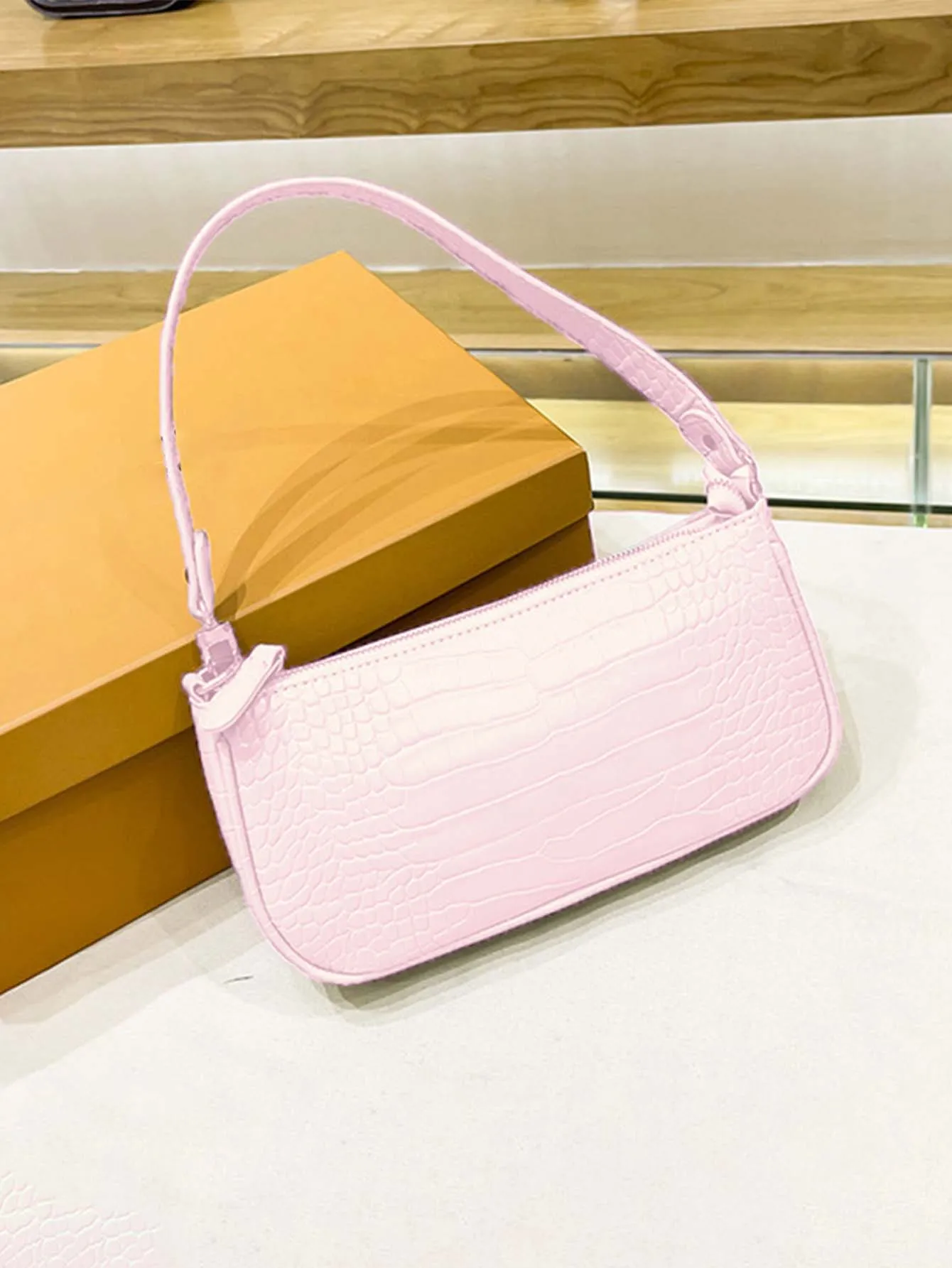 Croc Embossed Baguette Bag - Light Pink - FD ⚡