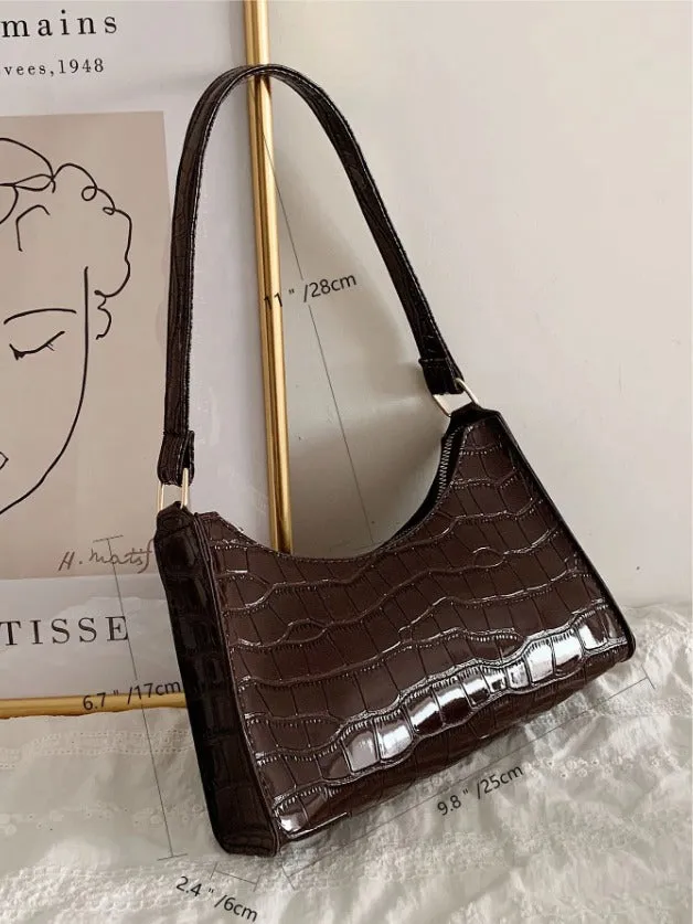 Croc Embossed Shoulder Bag - Coffee Brown