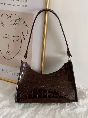Croc Embossed Shoulder Bag - Coffee Brown