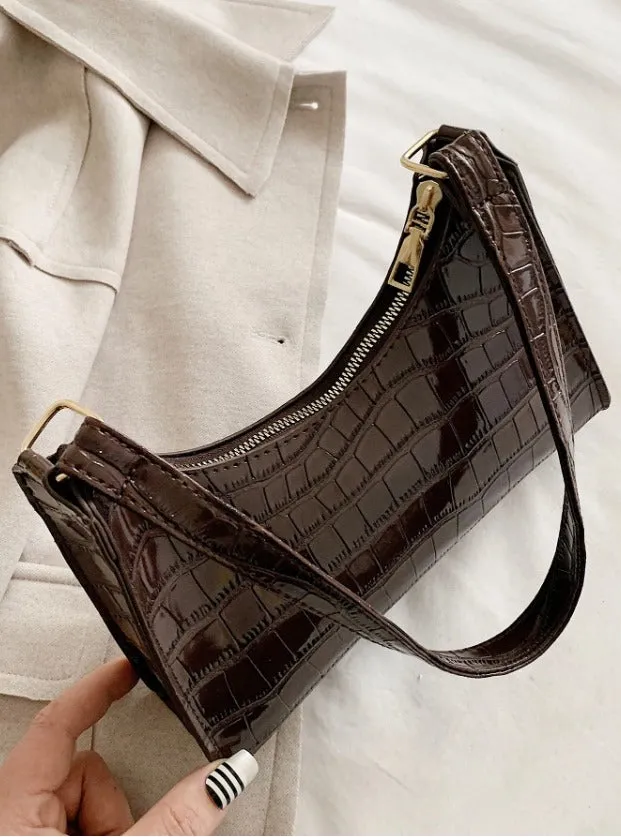Croc Embossed Shoulder Bag - Coffee Brown