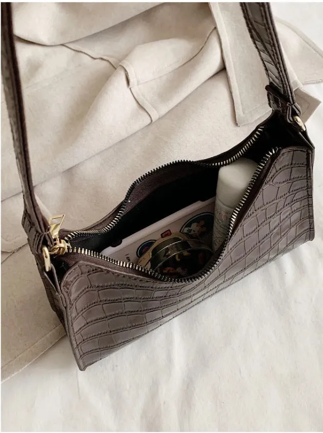 Croc Embossed Shoulder Bag - Coffee Brown