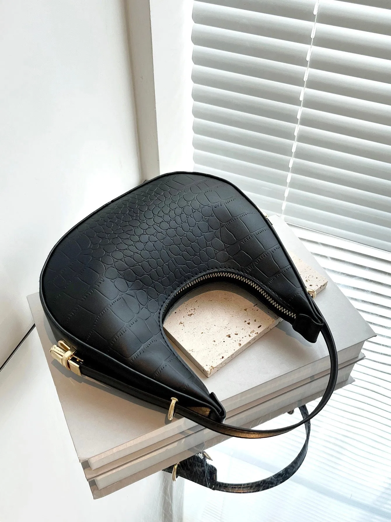 Croc Embossed Top Handle Hobo Bag - Black