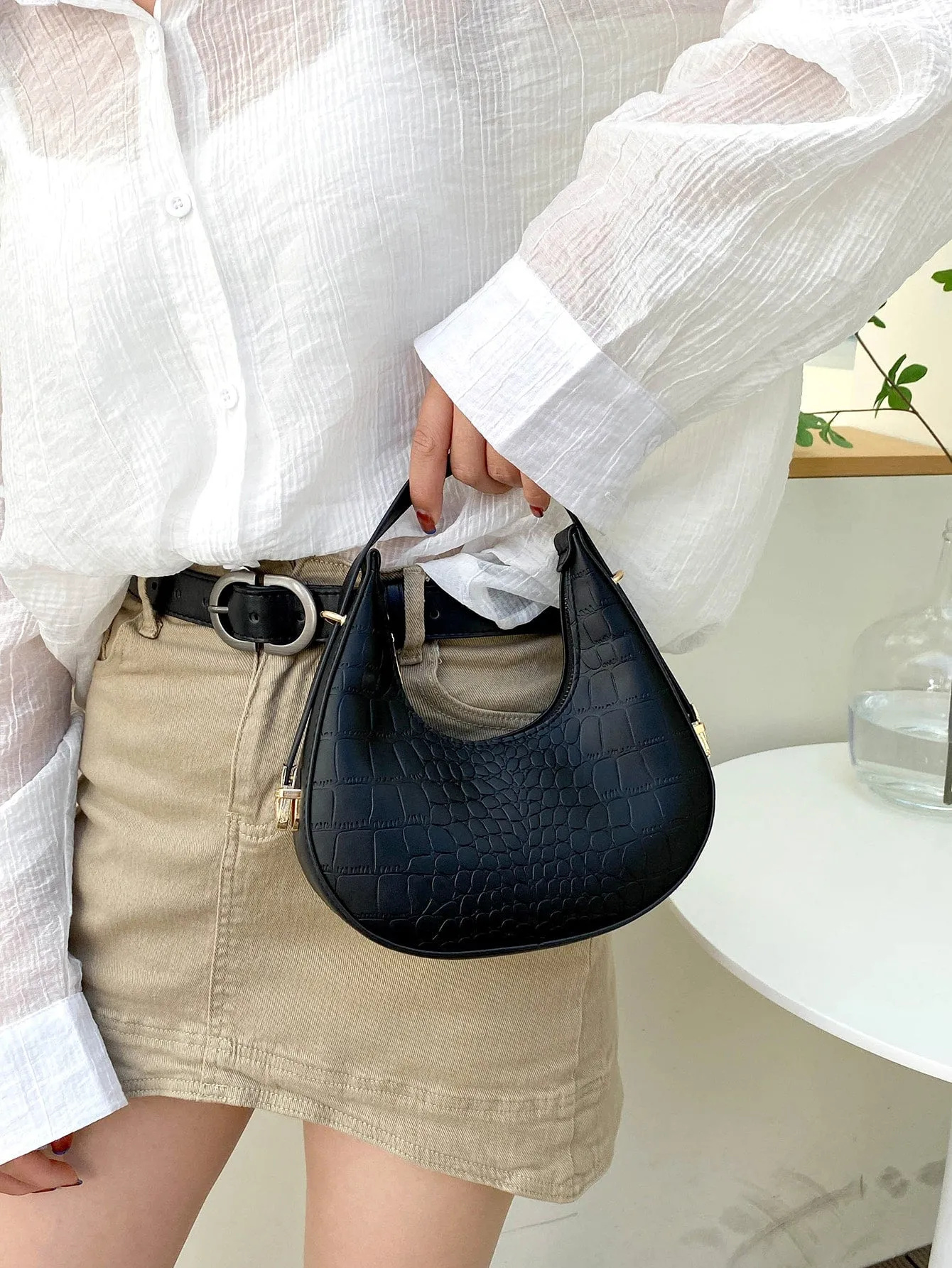 Croc Embossed Top Handle Hobo Bag - Black