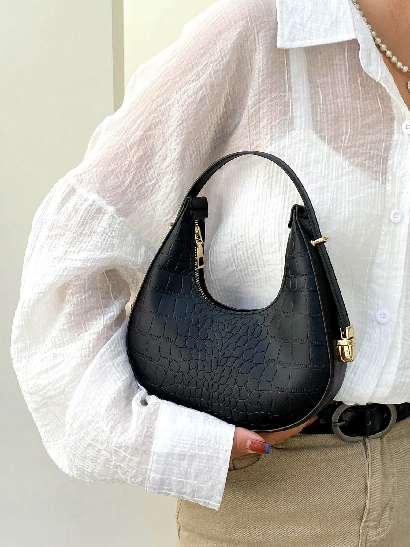 Croc Embossed Top Handle Hobo Bag - Black