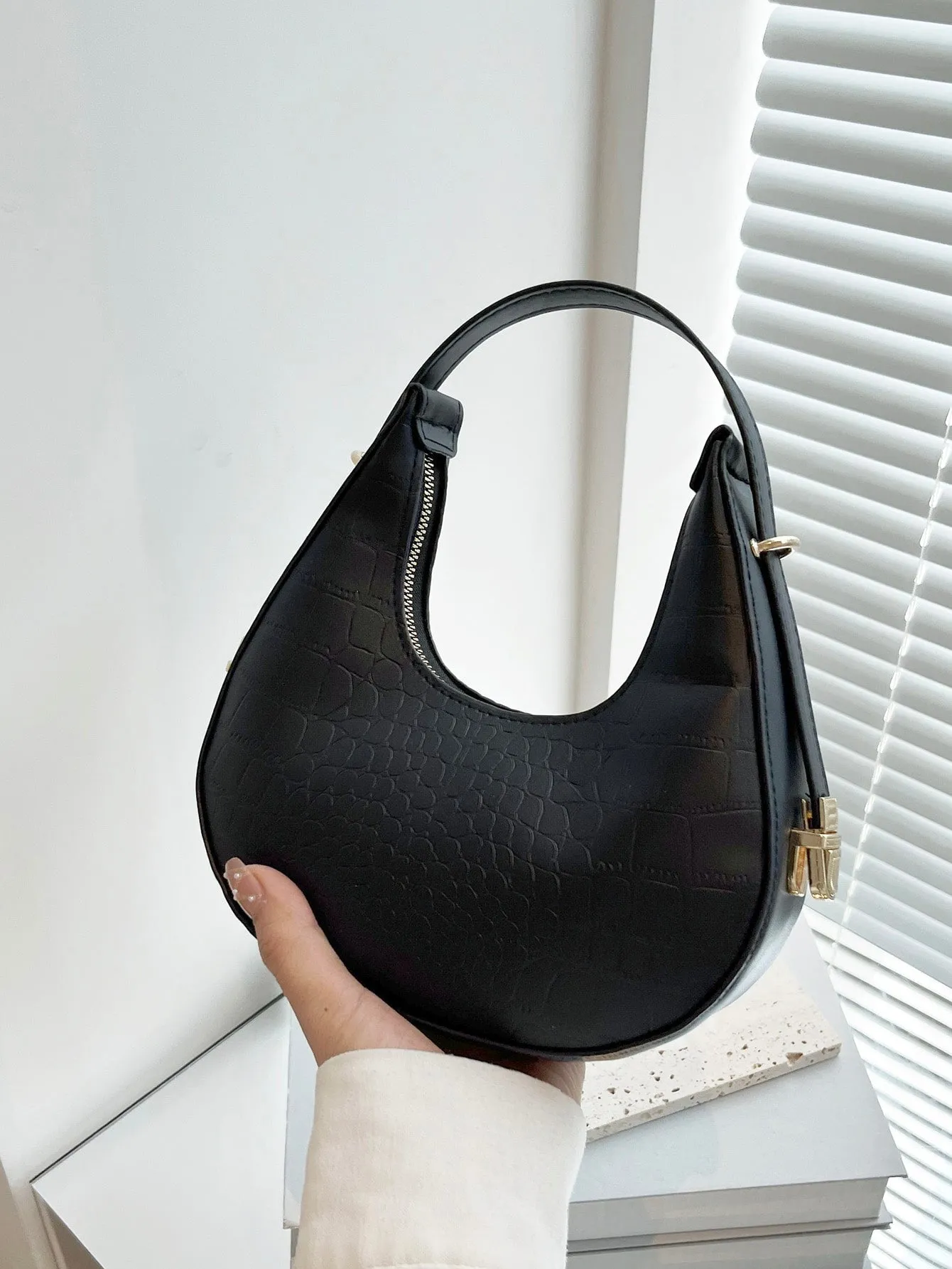 Croc Embossed Top Handle Hobo Bag - Black