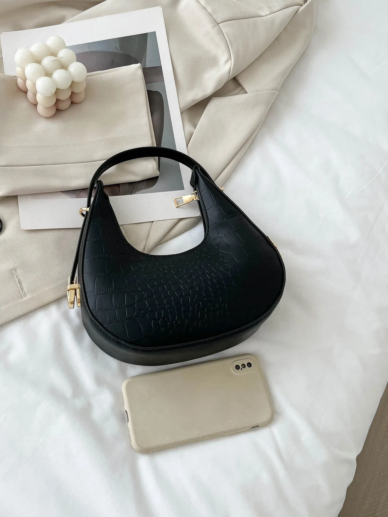 Croc Embossed Top Handle Hobo Bag - Black