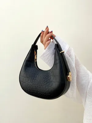 Croc Embossed Top Handle Hobo Bag - Black