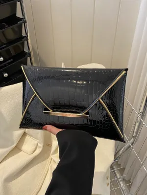 Crocodile Embossed Contrast Binding Envelope Bag - Black- FD ⚡