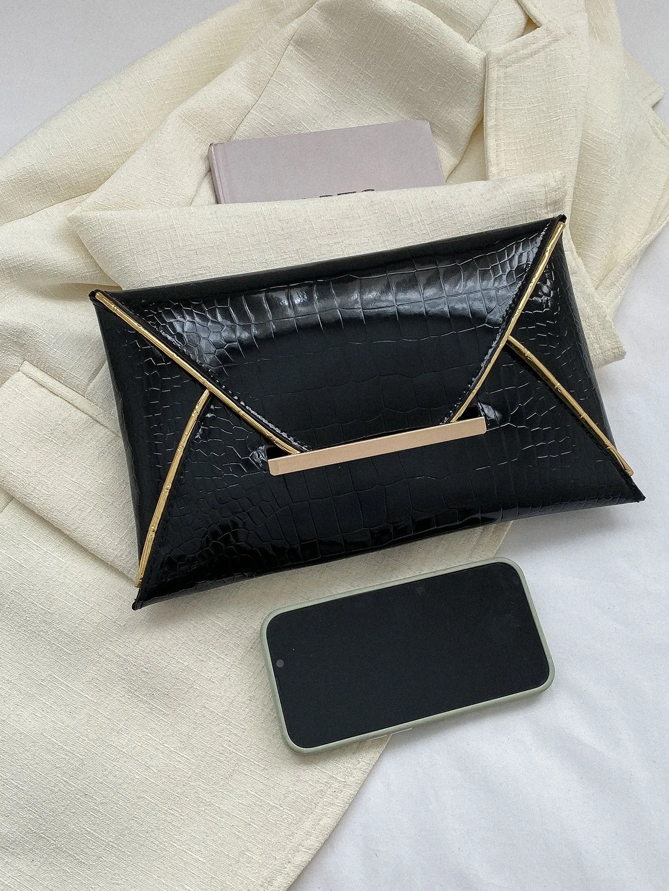 Crocodile Embossed Contrast Binding Envelope Bag - Black- FD ⚡