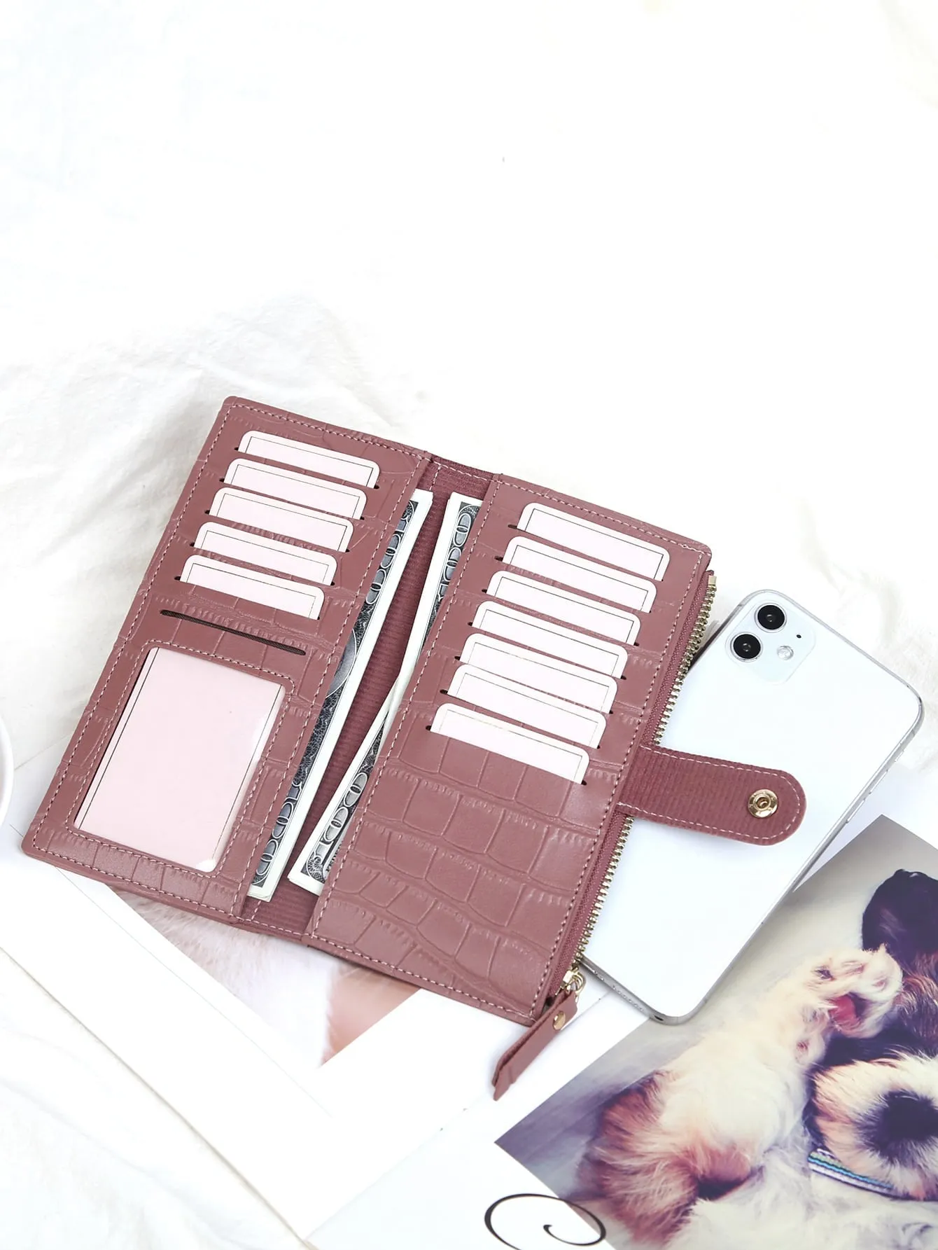 Crocodile Embossed Long Wallet - Dusty Pink