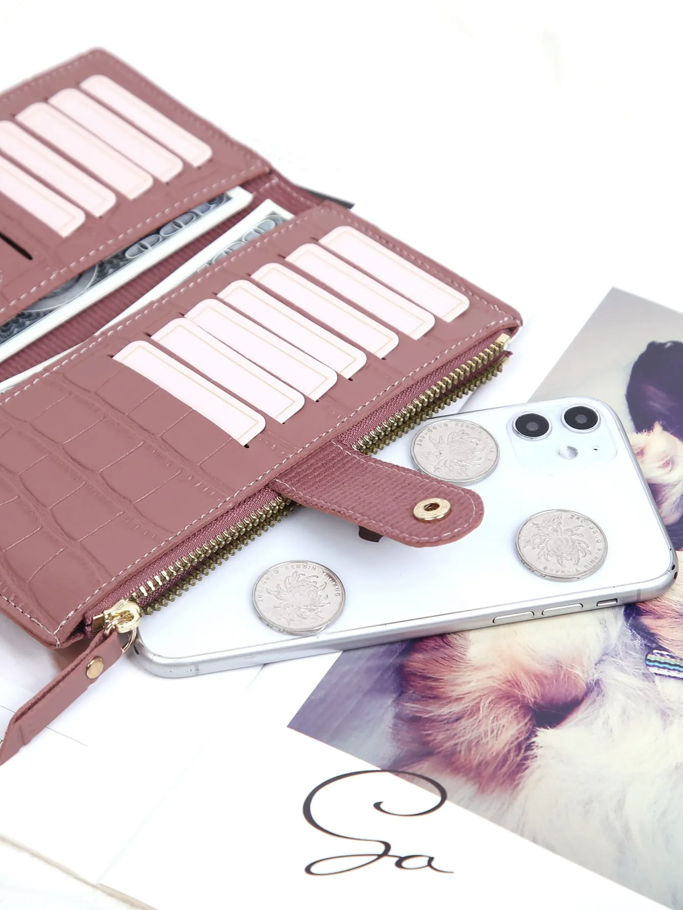 Crocodile Embossed Long Wallet - Dusty Pink