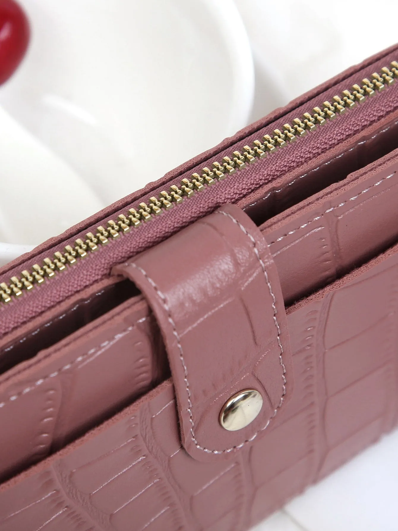Crocodile Embossed Long Wallet - Dusty Pink