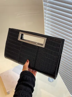 Crocodile Embossed Square Bag  - Black