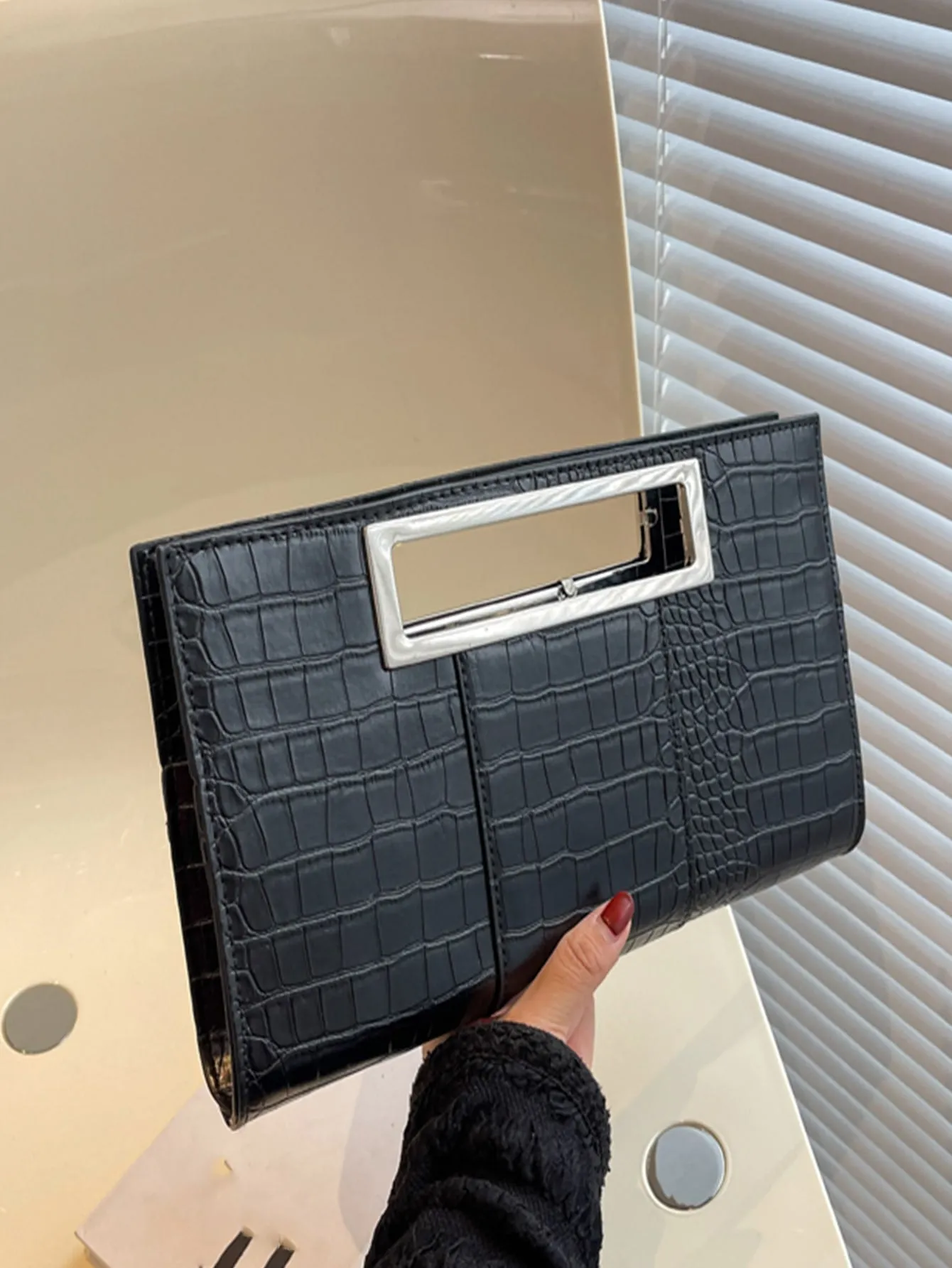 Crocodile Embossed Square Bag  - Black