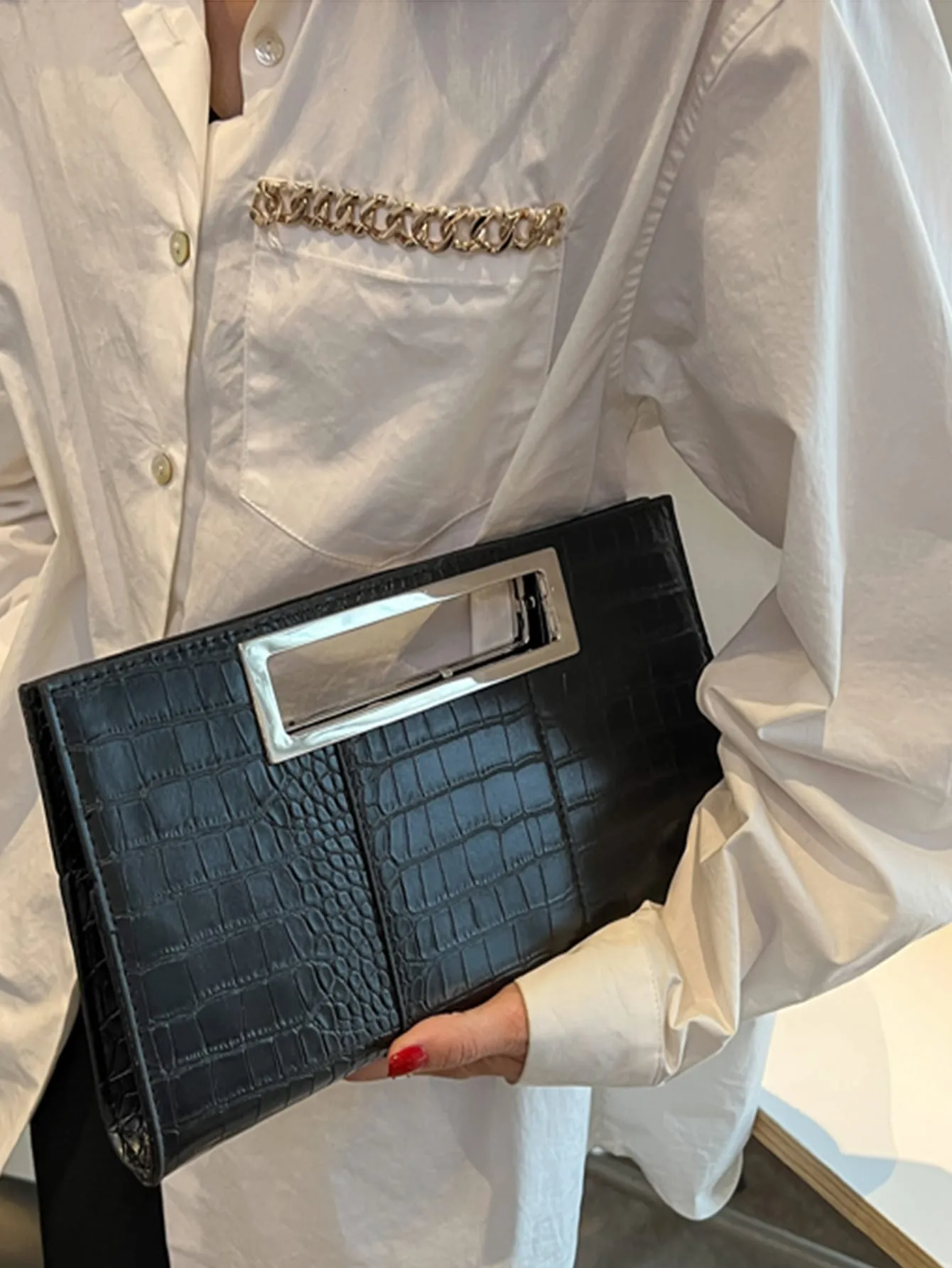 Crocodile Embossed Square Bag  - Black