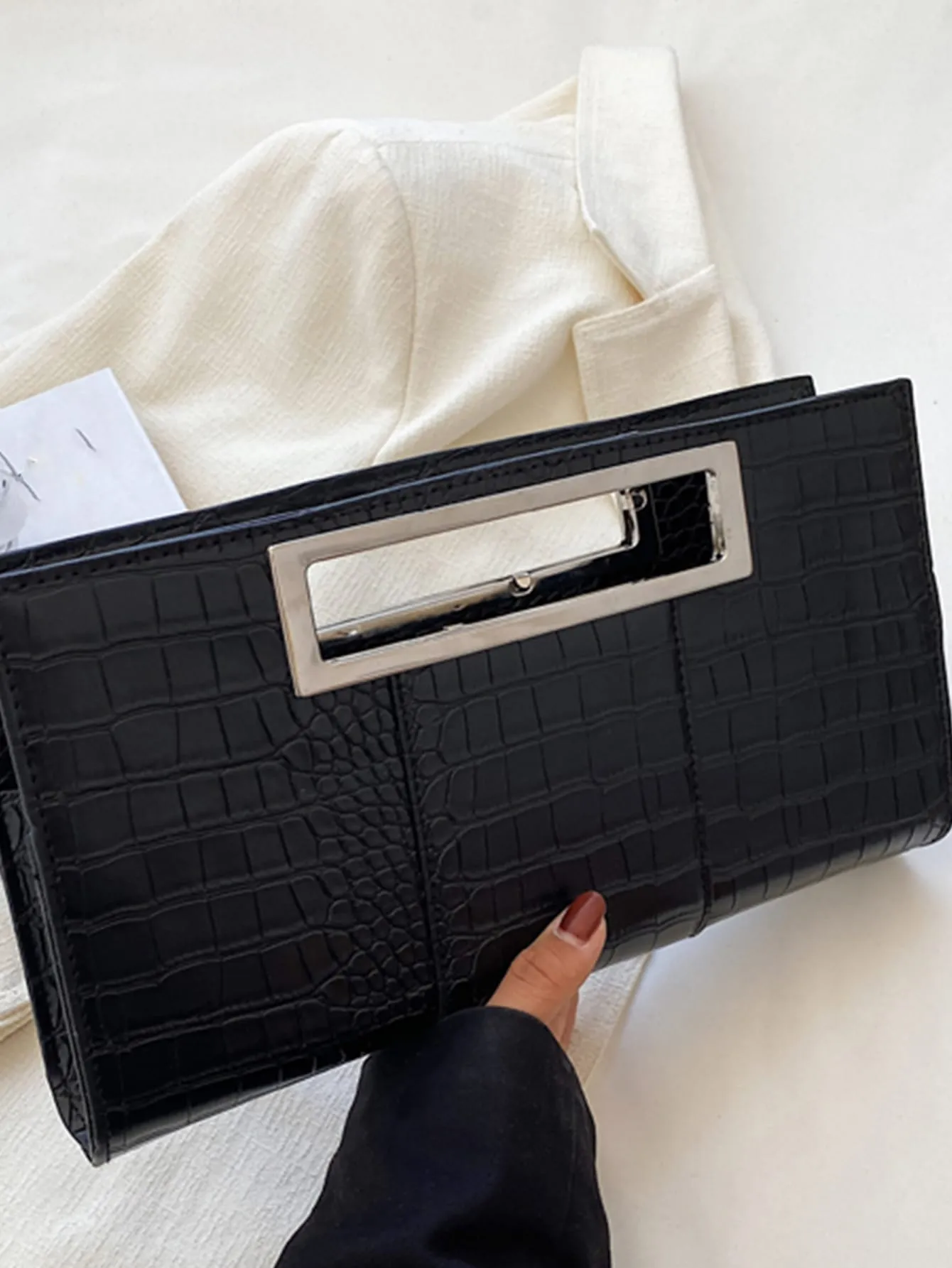 Crocodile Embossed Square Bag  - Black