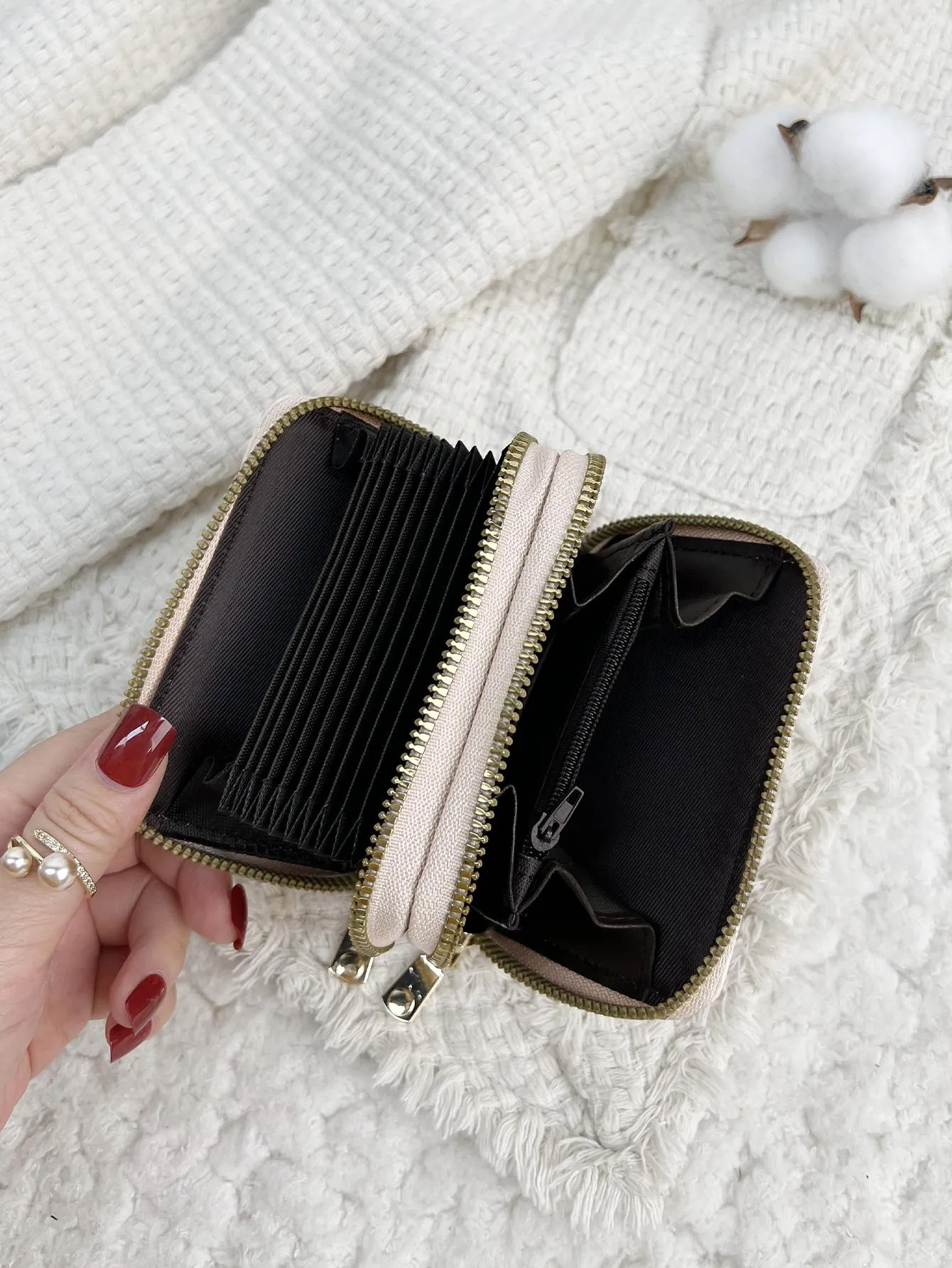 Double-layer Accordion Style Card Holder Wallet - Beige