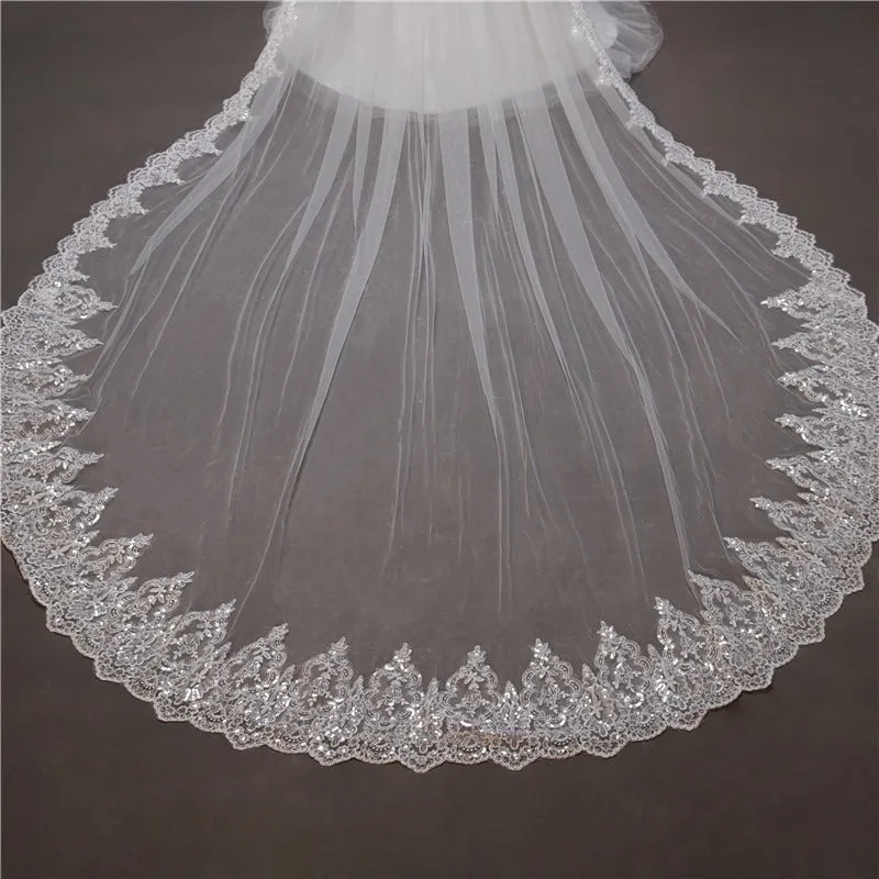 Elegant Lace Edge Cathedral Tulle With Applique Wedding Veils