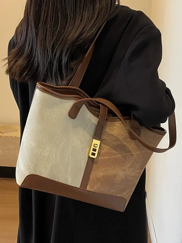 Elegant Leather Trim Tote Bag