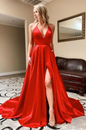 Elegant Red V Neck A Line Split Prom Dresses