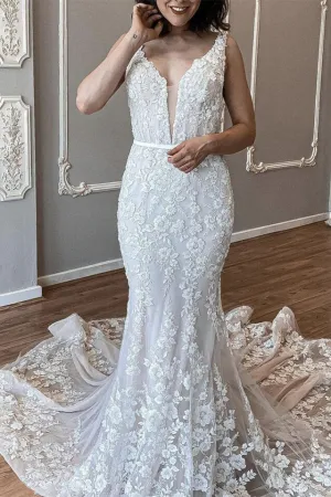 Fairy Mermaid Lace Appliques Sweep Train Wedding Dress