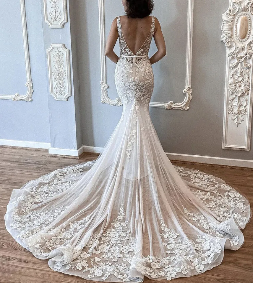 Fairy Mermaid Lace Appliques Sweep Train Wedding Dress