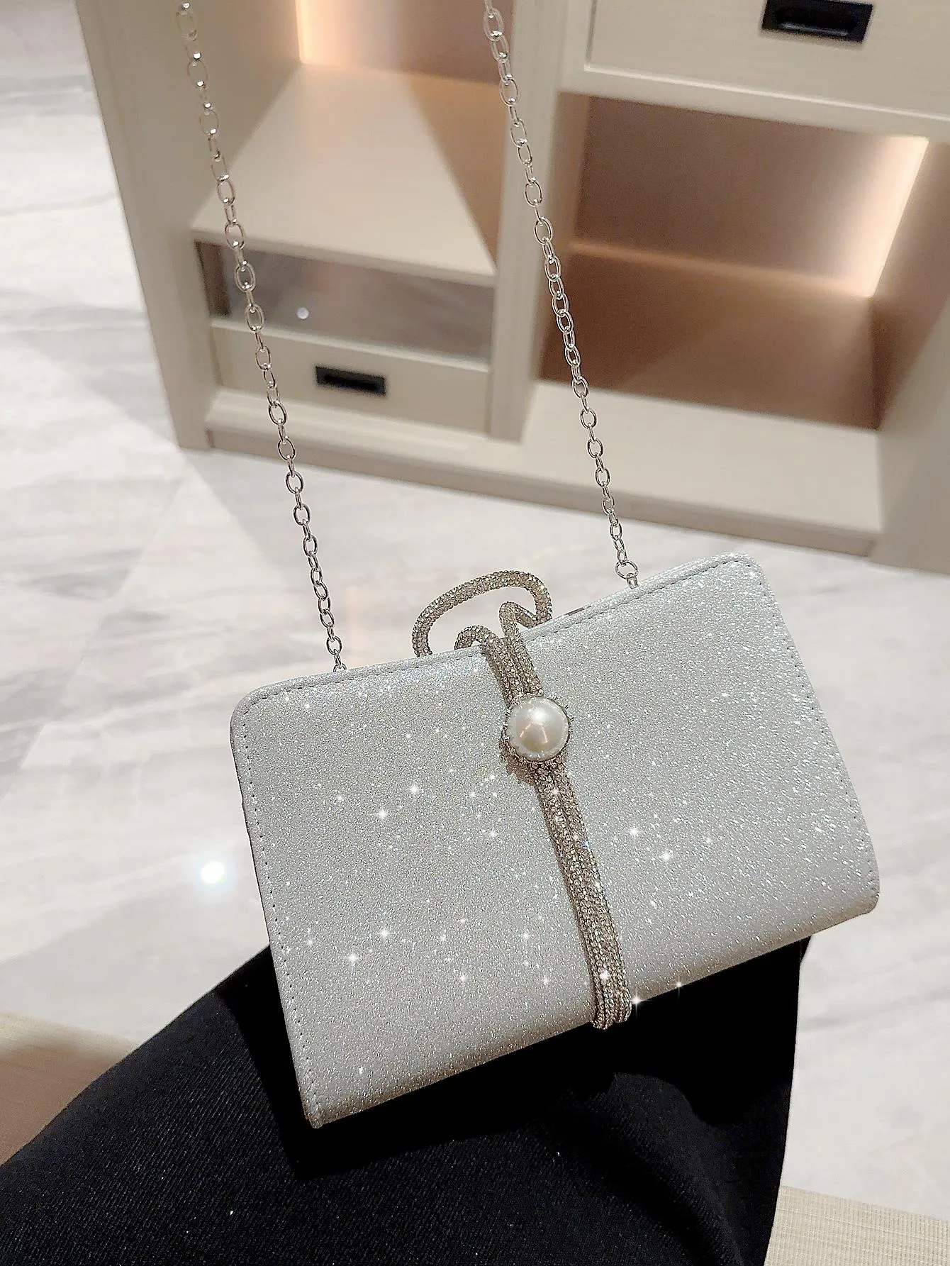 Faux Pearl and Rhinestone Decorated Evening Bags - Silver