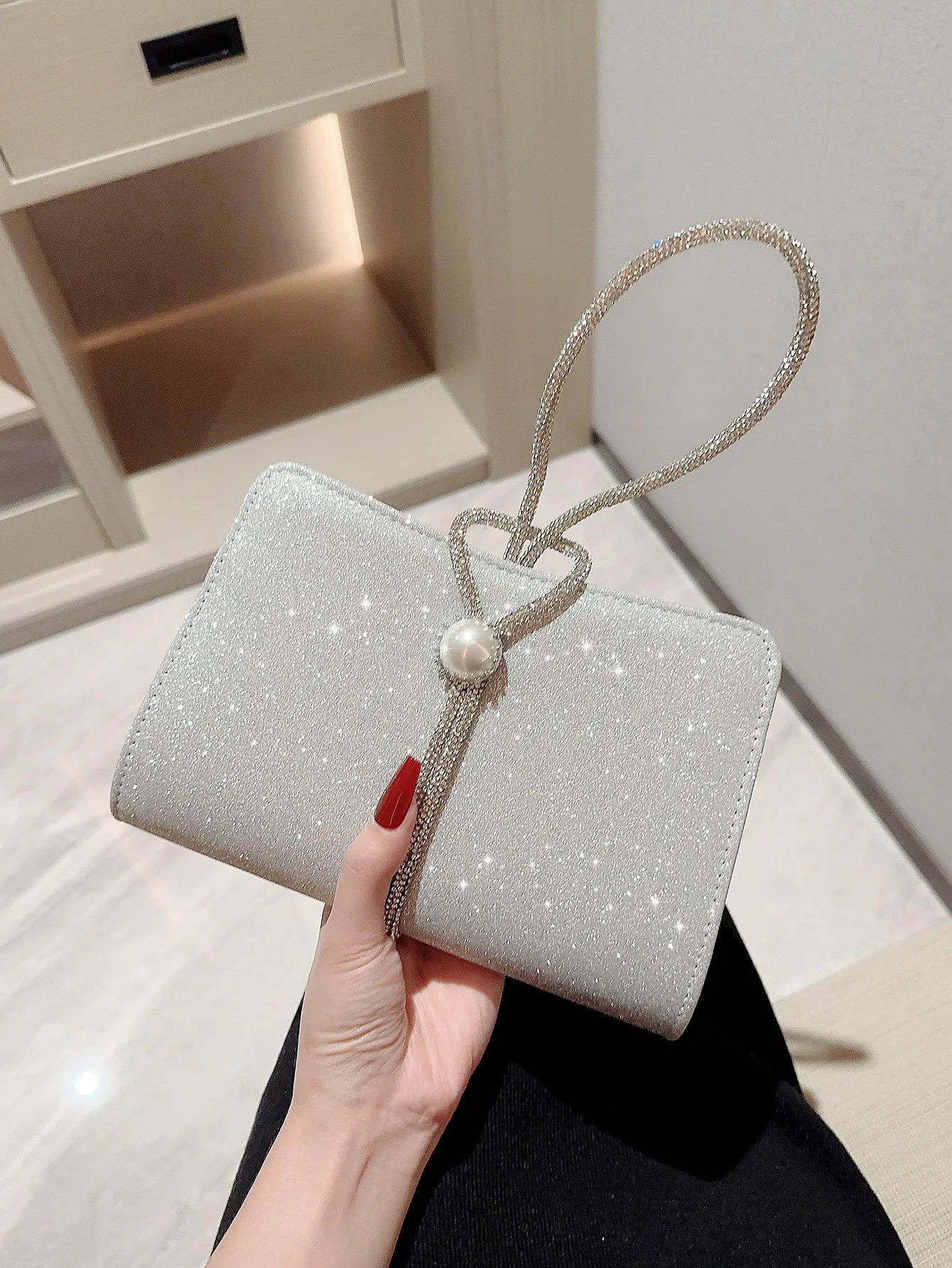 Faux Pearl and Rhinestone Decorated Evening Bags - Silver