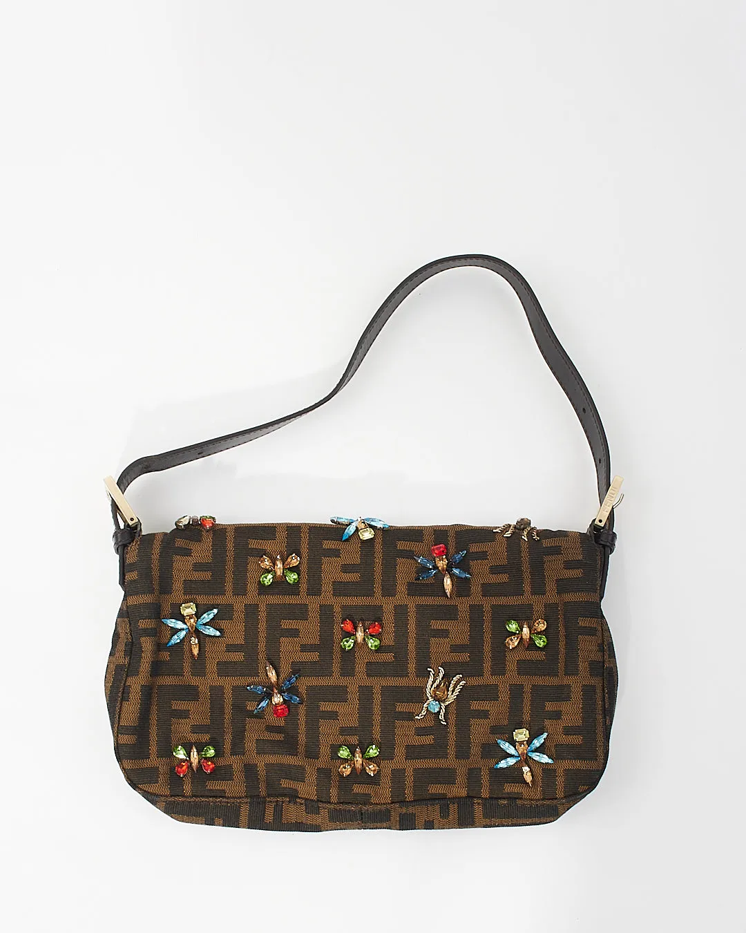 Fendi Tobacco Zucca Print Canvas Crystal Embellished Baguette Shoulder Bag