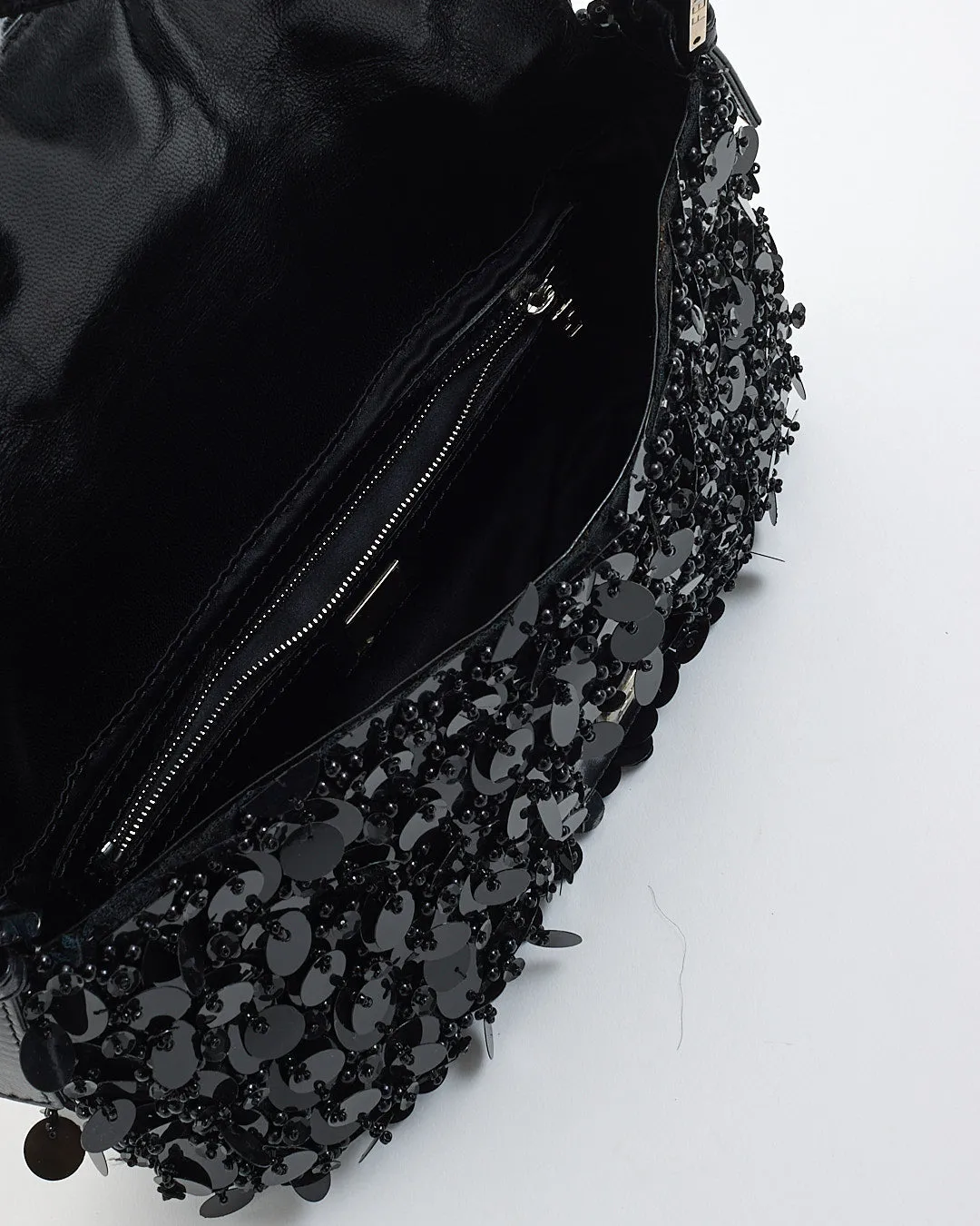 Fendi Vintage Black Sequin/Beaded Baguette Shoulder Bag