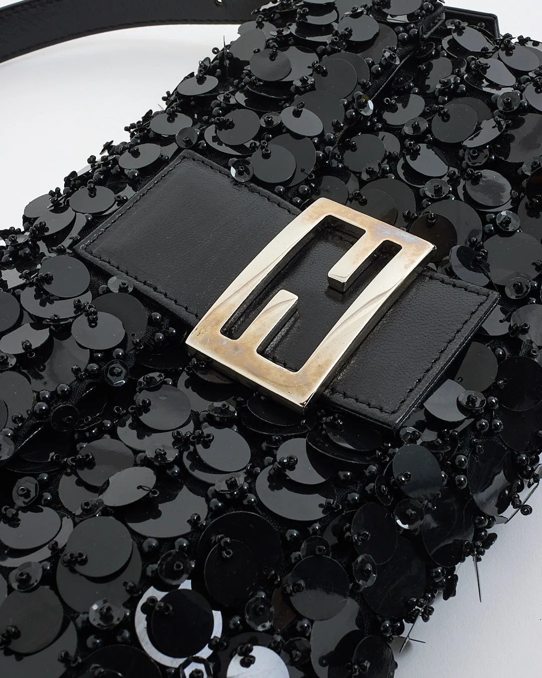 Fendi Vintage Black Sequin/Beaded Baguette Shoulder Bag